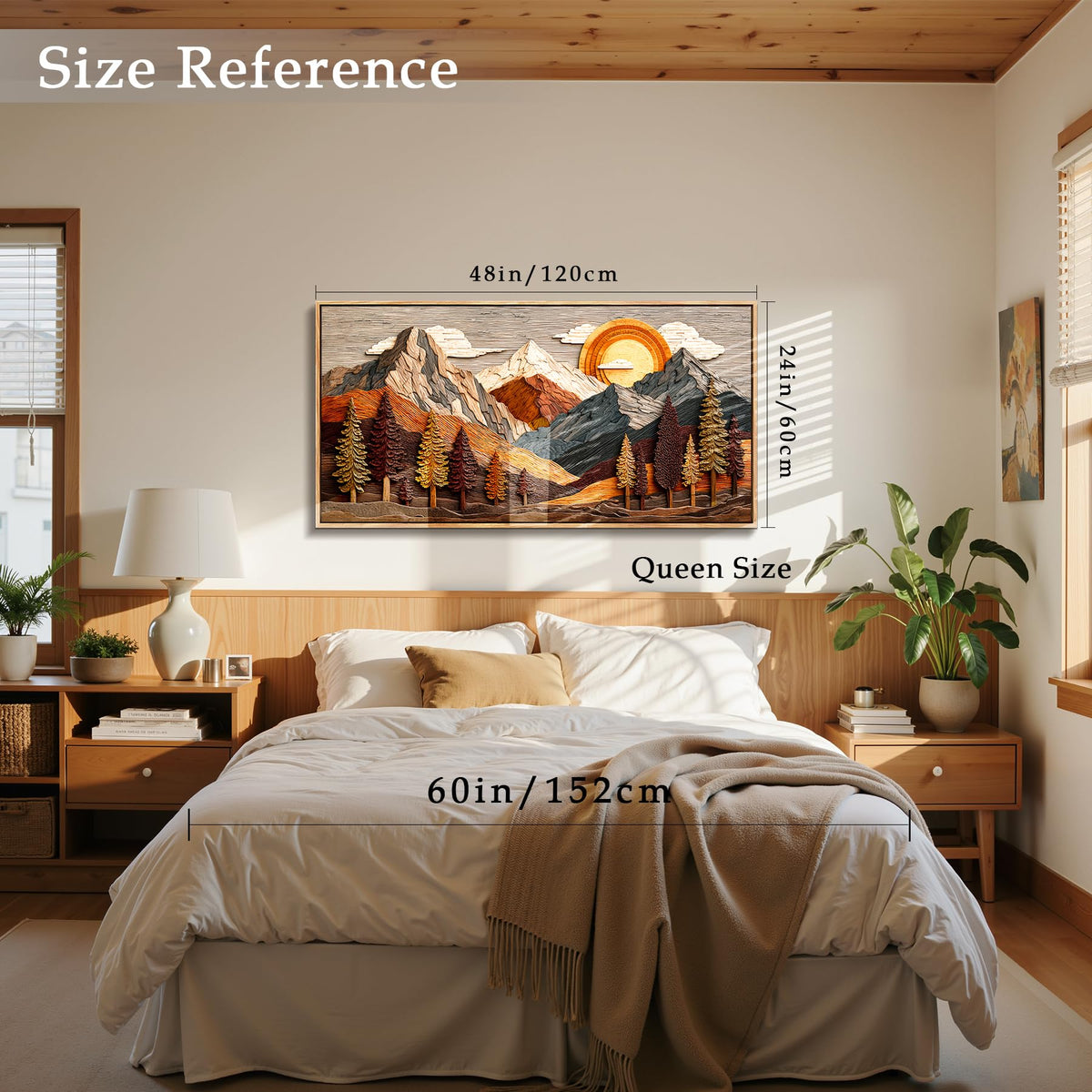Boho Mountain Large Framed Wall Art Abstract Nature Decor Neutral (Wooden Mountain Print / 48"L x 24"W)