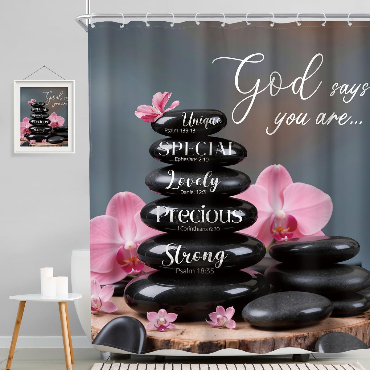 Zen Black Pink Shower Curtain 60Wx72H Scripture Flower Spa Relaxing Meditation Massage Quotes Stone Bible Verse Bath Curtain Fabric Bathroom Accessories Decor with 12 Hooks (D1-black / 60"W x 72"L (Pack of 1))