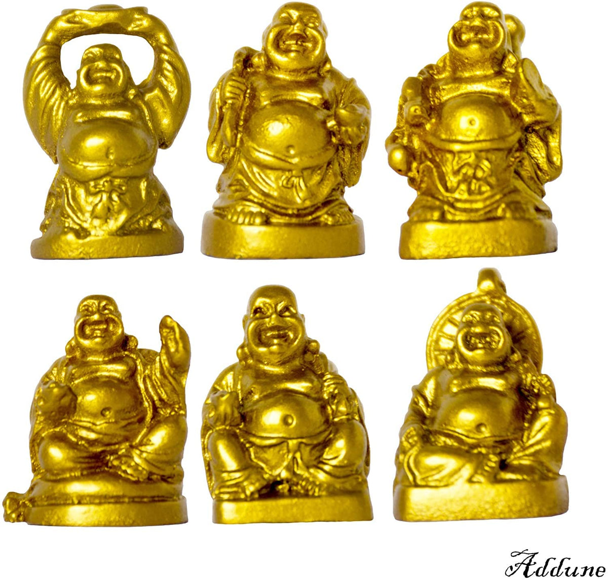 Set of 6 Mini Laughing Happy Buddha Statue Resin Figurines Feng Shui for Luck Wealth Good Gift and Collection (Gold / 1'')