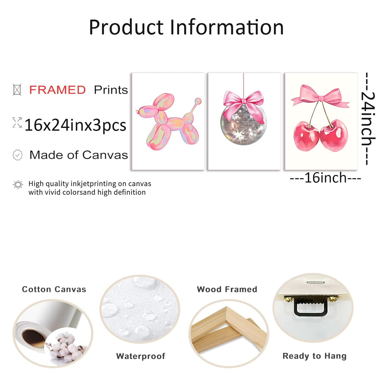 Trendy Pink Bows Canvas Wall Art Set of 3 (Balloon dog canvas / 24L"x16W")