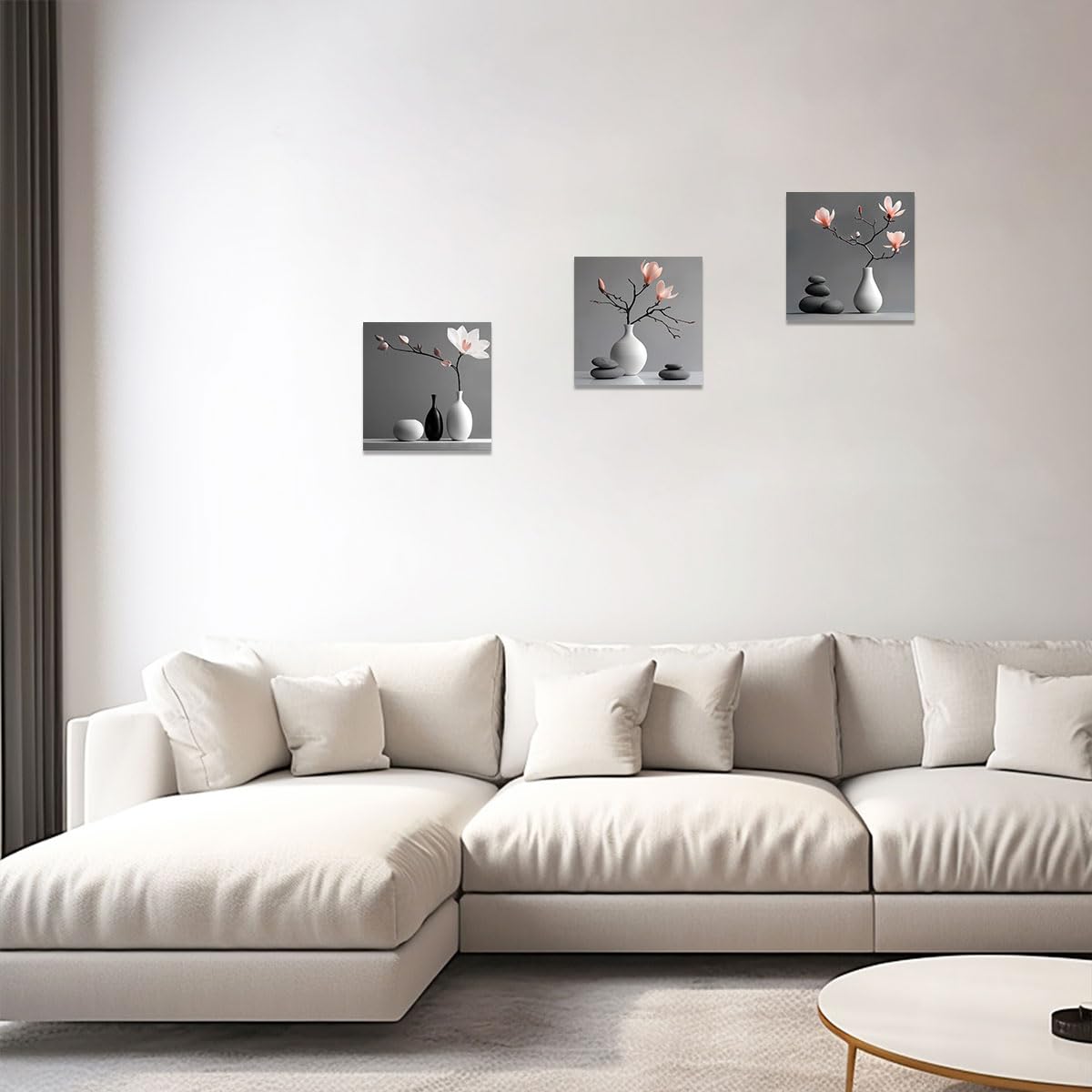 3 Piece Zen Wall Art Zen Flowers Pictures Black And White Grey Artwork Magnolia Stone Canvas Prints Bathroom Spa Decor Framed (Pink / 12"x12"x3 Pieces)