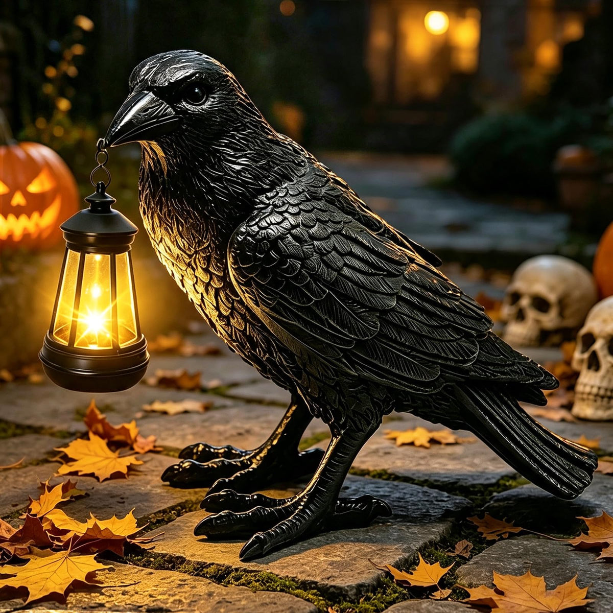Halloween Crow Solar Garden Statue Outdoor Figurine Halloween Decoration (Black - Crow With Lantern)