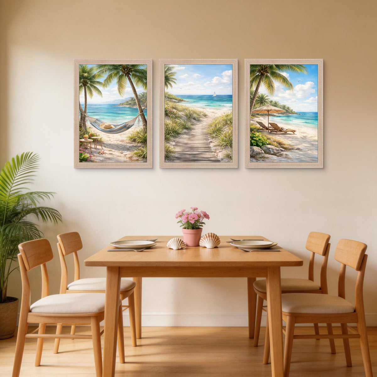 3Pcs Framed Beach Themed Art Canvas Painting Coastal Poster Ocean Image Tropical Palm Tree Print Seaside Gallery Wall Decoration Living Room Bedroom Bathroom 12x16 Inches Ready To Hang (Beach Scenery - 1 / 12x16in)