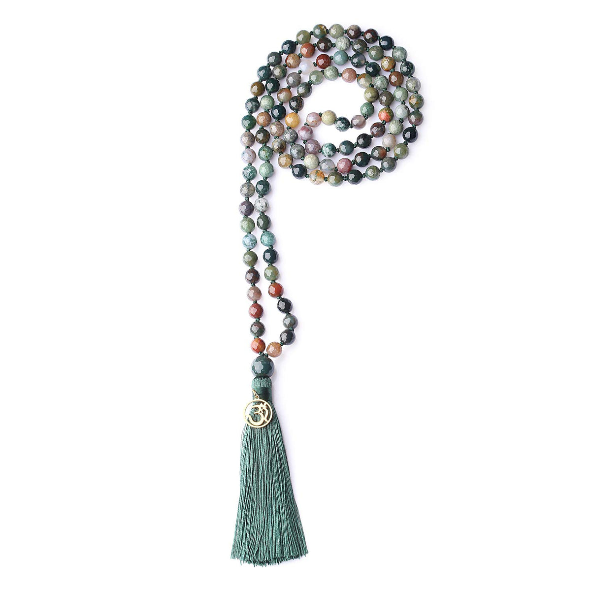 OM Charm Hand Knotted Tassel India Agate 108 Mala Beads Necklace 8mm (8mm / Faceted India Agate)
