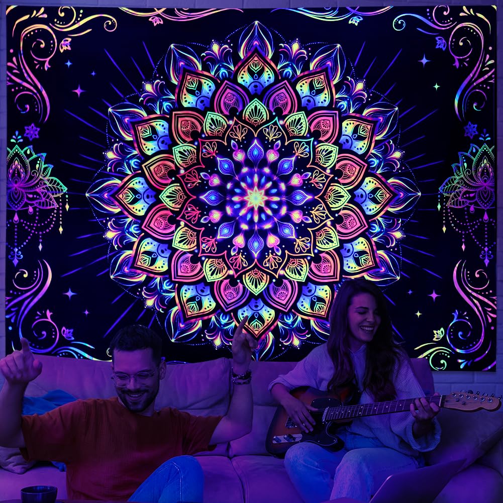 Blacklight Mandala Tapestry UV Reactive Psychedelic Neon Tapestry Hippie Indian Bohemian Wall Tapestries Aesthetic Floral Tapestries Wall Hanging for Bedroom (92.5"L x 70.8"W / Mandala)