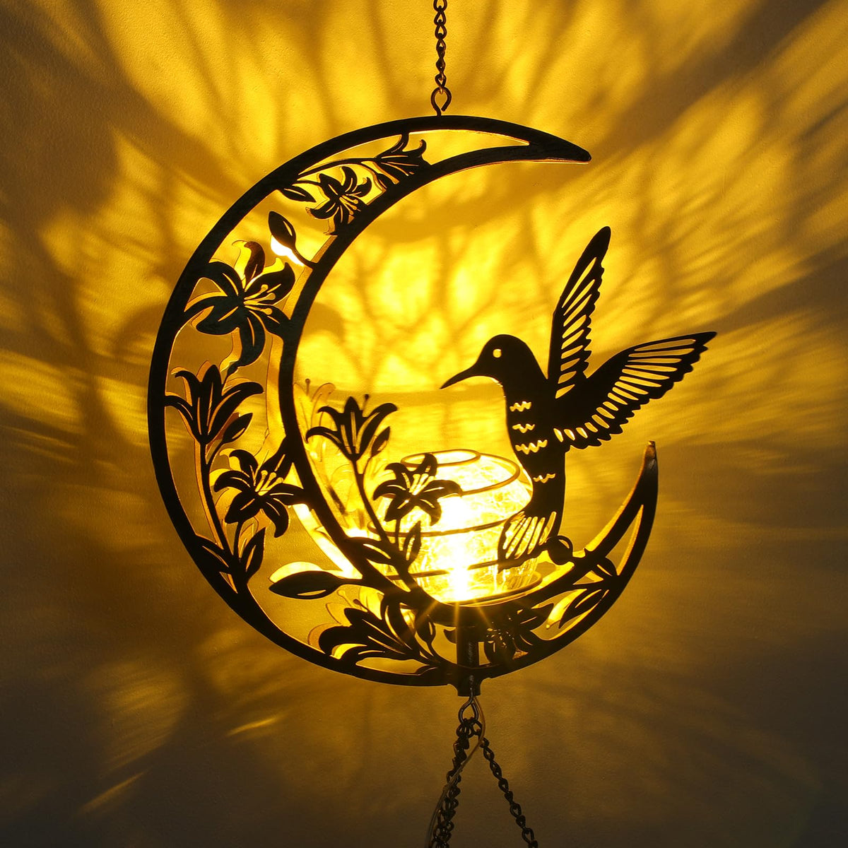 Solar Wind Chimes Hummingbird Gift for Women Cracked Glass Light Wind Chime (Hummingbirds)