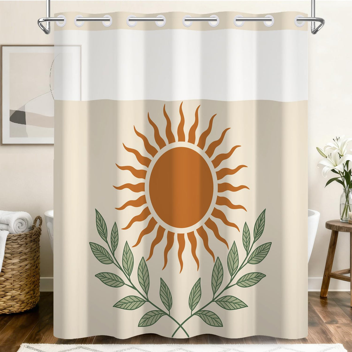 No Hook Boho Shower Curtain with Snap in Removable Liner (Sun and Leaf)