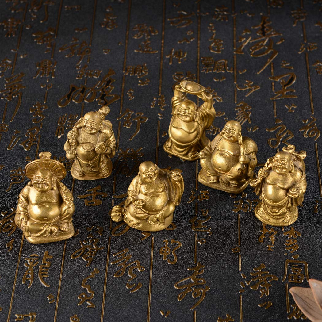 6Pcs 2'' Gold Brass Laughing Buddha Figurines (2''brass Set)