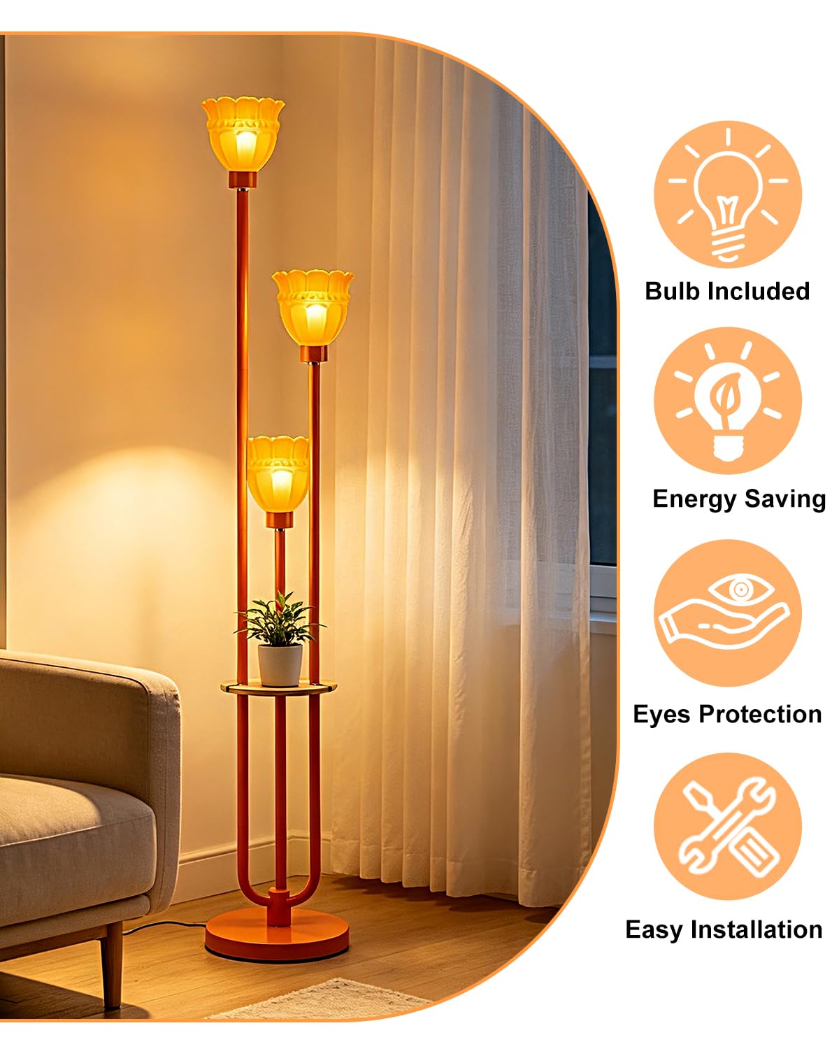 Dimmable Floor Lamps with Orange Glass Lampshade for Living Room (Orange-3UC1)