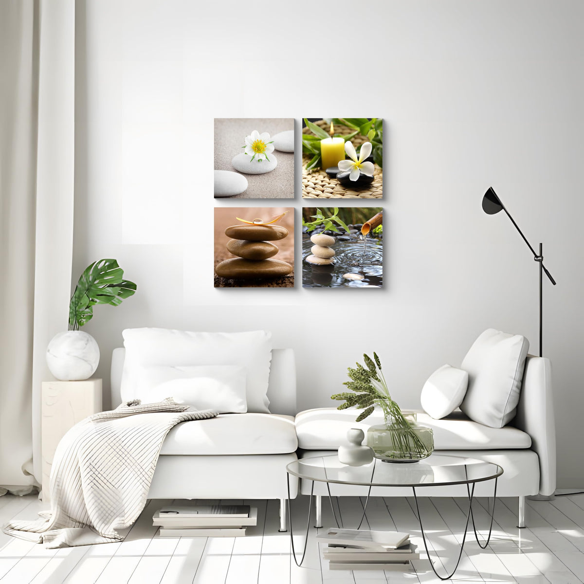 Zen Canvas Wall Art Spa Still Life with Green Bamboo Fountain and Zen Stone Jasmine Flower Painting Pictures for Home Decoration Modern Painting Wall Decor Canvas (14X14inchX4 / a zen)
