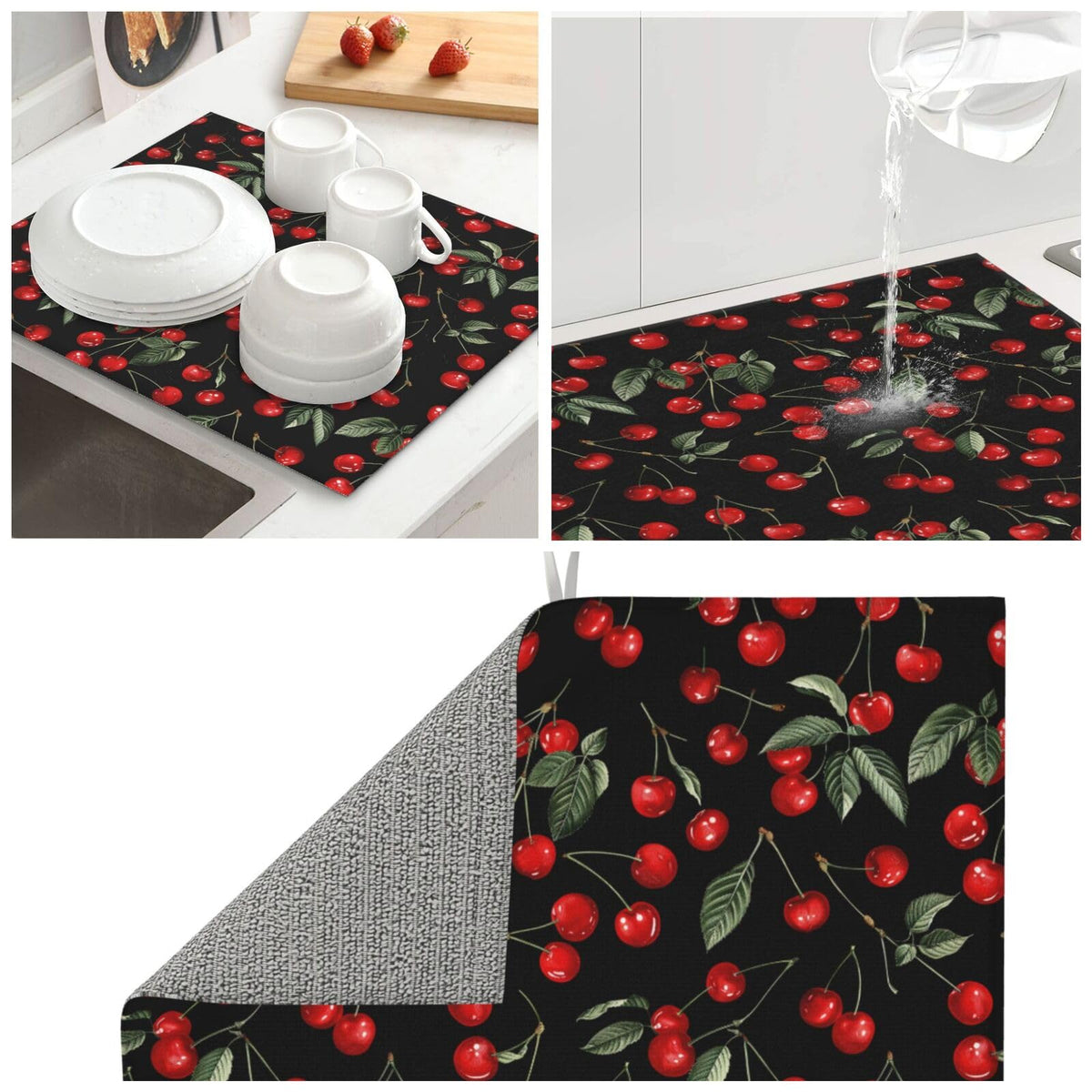 Red Fruit Cherry Dish Drying Mat For Kitchen Counter Dry Mats Microfiber Dish Drainer Mat Protector Pad Absorbent Fast Drying Kitchen Must (Red Fruit Cherry / 18" x 16")