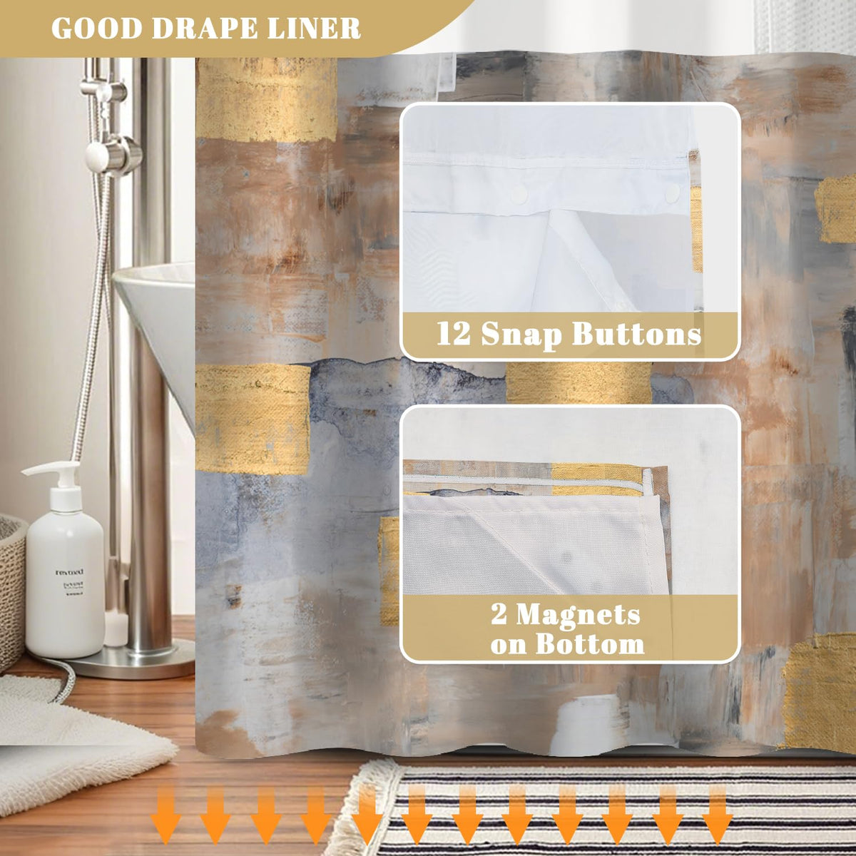 No Hook Shower Curtain with Snap in Liner Set (Abstract-3)