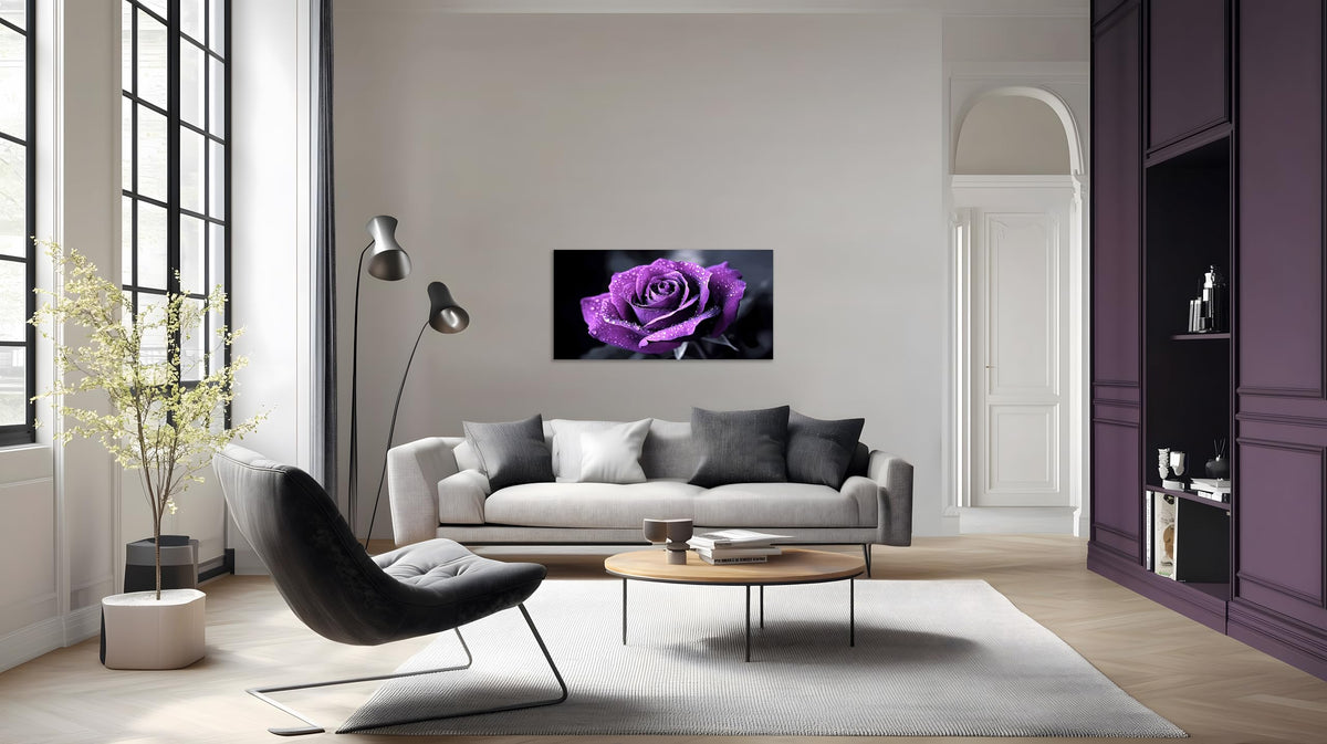 1 Panel Purple Flower Pictures Canvas Wall Art Purple Black and White Purple Rose with Dewdrops Artwork Painting on Canvas Stretched and Framed for Home Decor Living Room 12x24 inch (24"L x 12"W / Purple Flower 12)