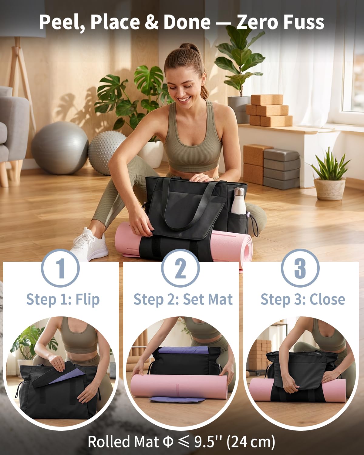 Yoga Mat Bag Tote Gym Bags Water Resistant Yoga Mat Bag Carrier (Deep Black)