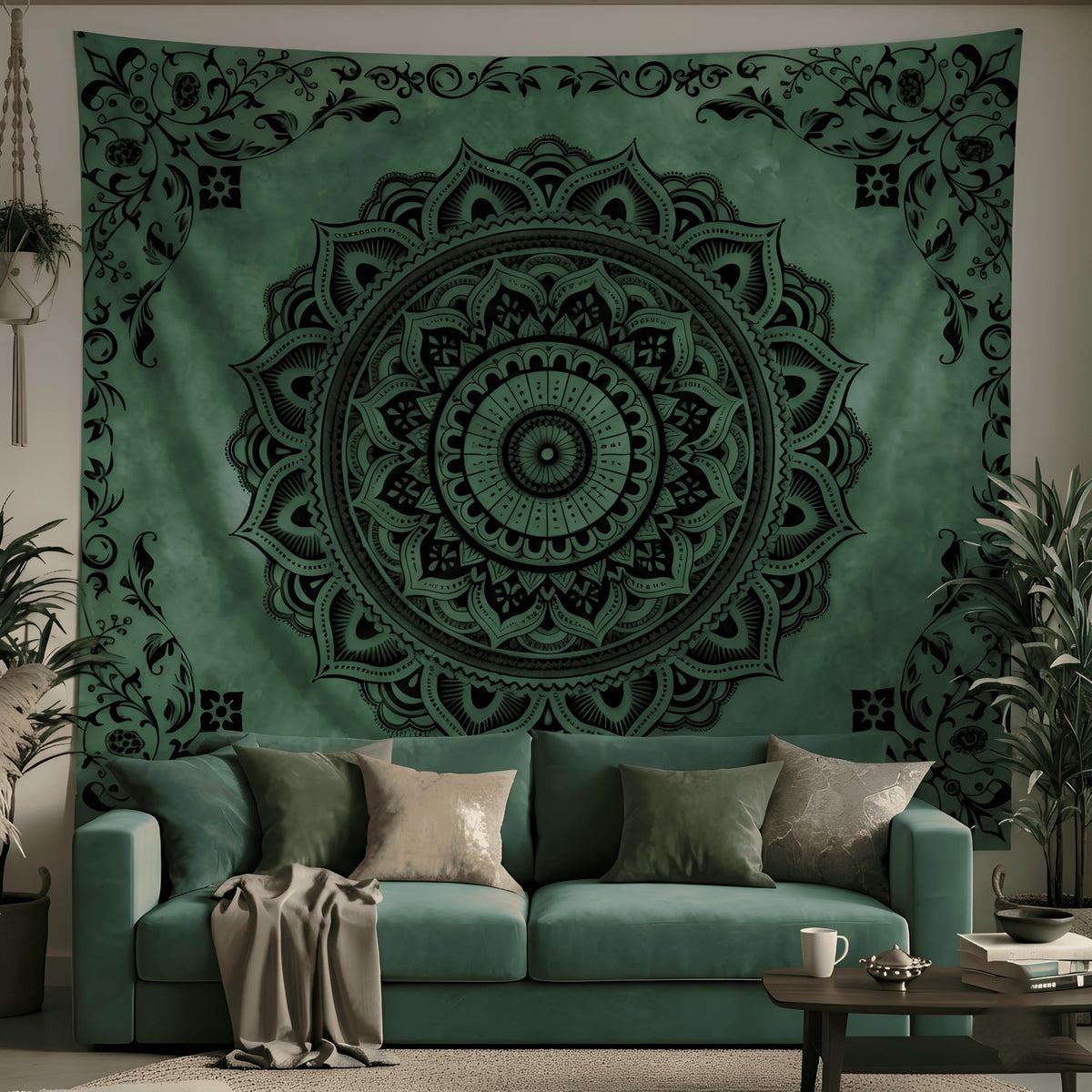 Green Hippie Tapestry Wall Hanging (Green Mandala Tapestry / 60"L x 51"W)
