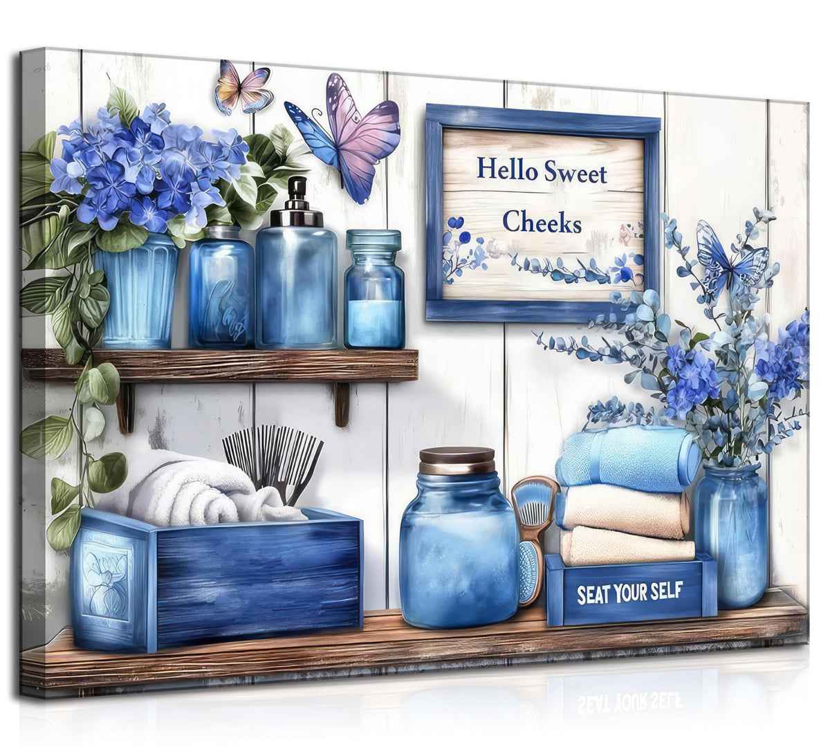 Navy Blue Farmhouse Bathroom Canvas Wall Art 16x24Inches (Blue Canvas / 24"L x 16"W)