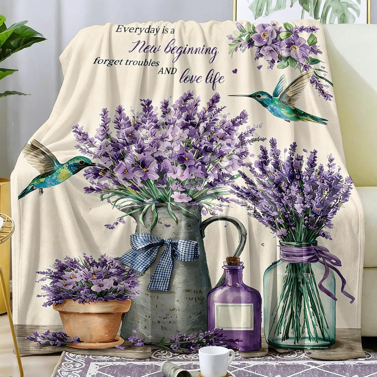 Lavender Fleece Blanket Hummingbird Floral Blanket Gift Room Decor 50"x60" (Lavender / 50"X60")