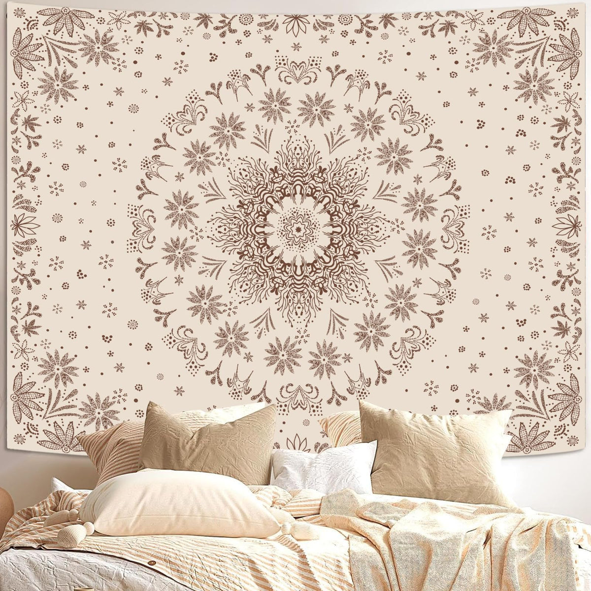 Boho Floral Mandala Tapestry Wall Hanging Bohemian Flower Medallion Tapestry Aesthetic Beige Brown Hippie Indian Small Tapestries for Bedroom Living Room Dorm Decor 80 x 60 Inch (Brown / 80"L x 60"W)