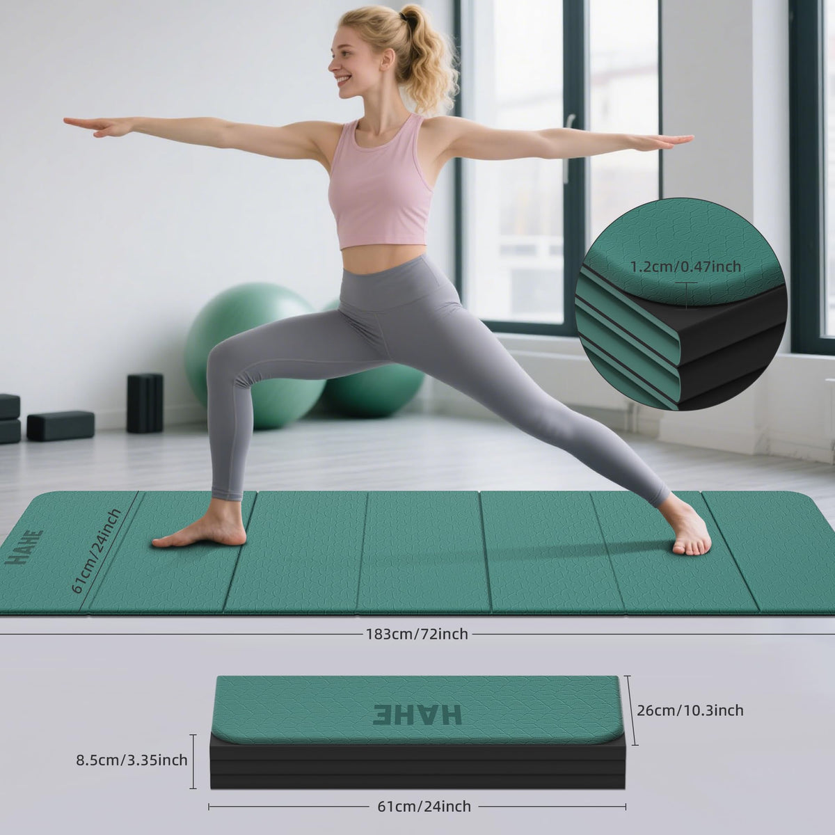 7 Fold Design Extra Thick Yoga Mat 72"L x 24"W x 0.47" (Dark Green & Black)
