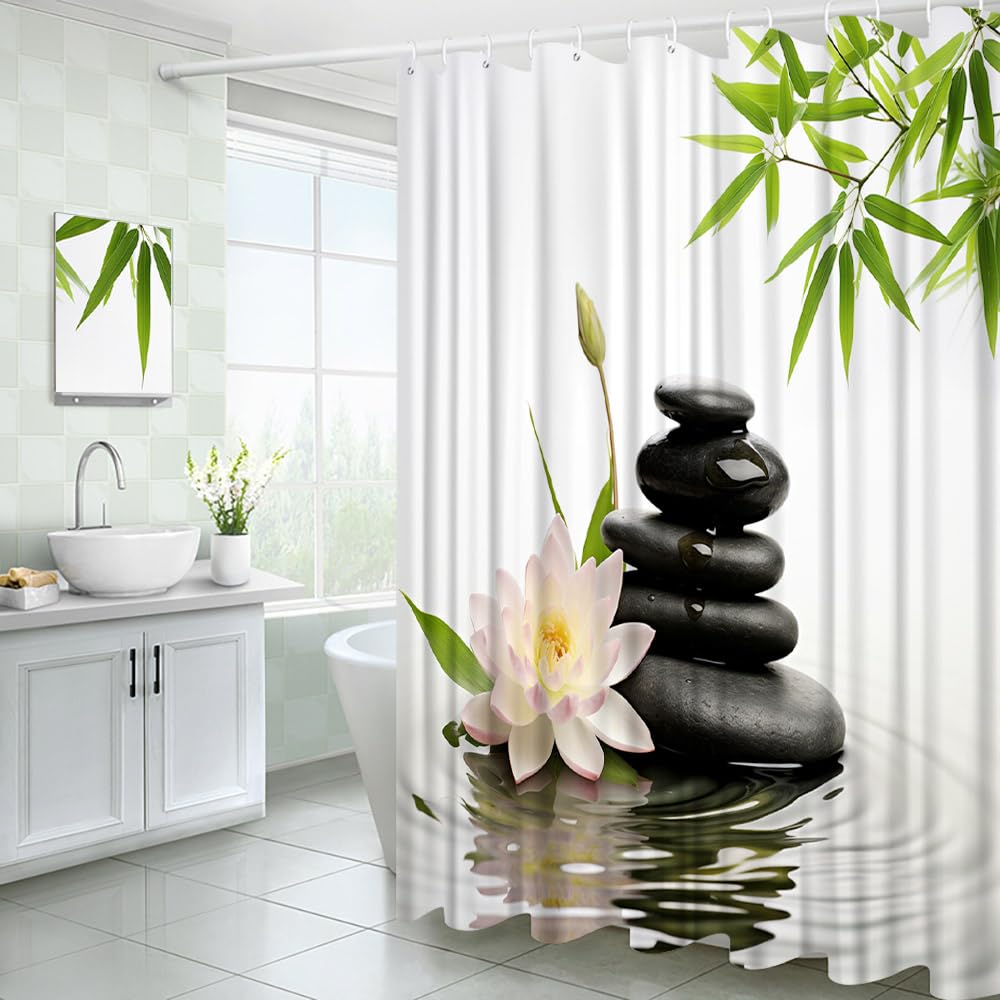 Japanese Shower Curtain Zen Stone Spa Lotus Floral Bamboo Leaves Meditation Relaxing Aesthetic Minimalist Fabric Bathroom Decor Curtains with Hooks (Black White / 70"W x 90"L (Pack of 1))