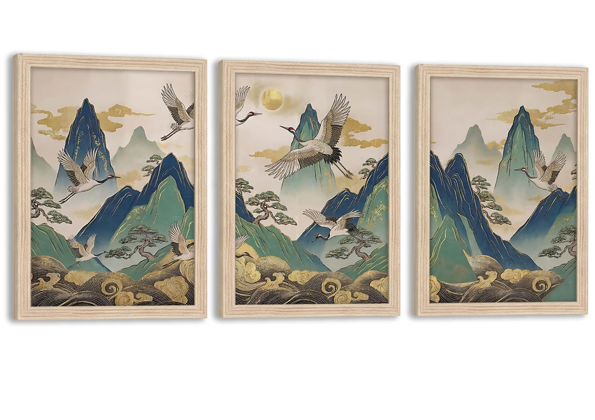 Framed 3Pcs Japanese Crane Canvas Wall Art (white / 16"L x 12"W)