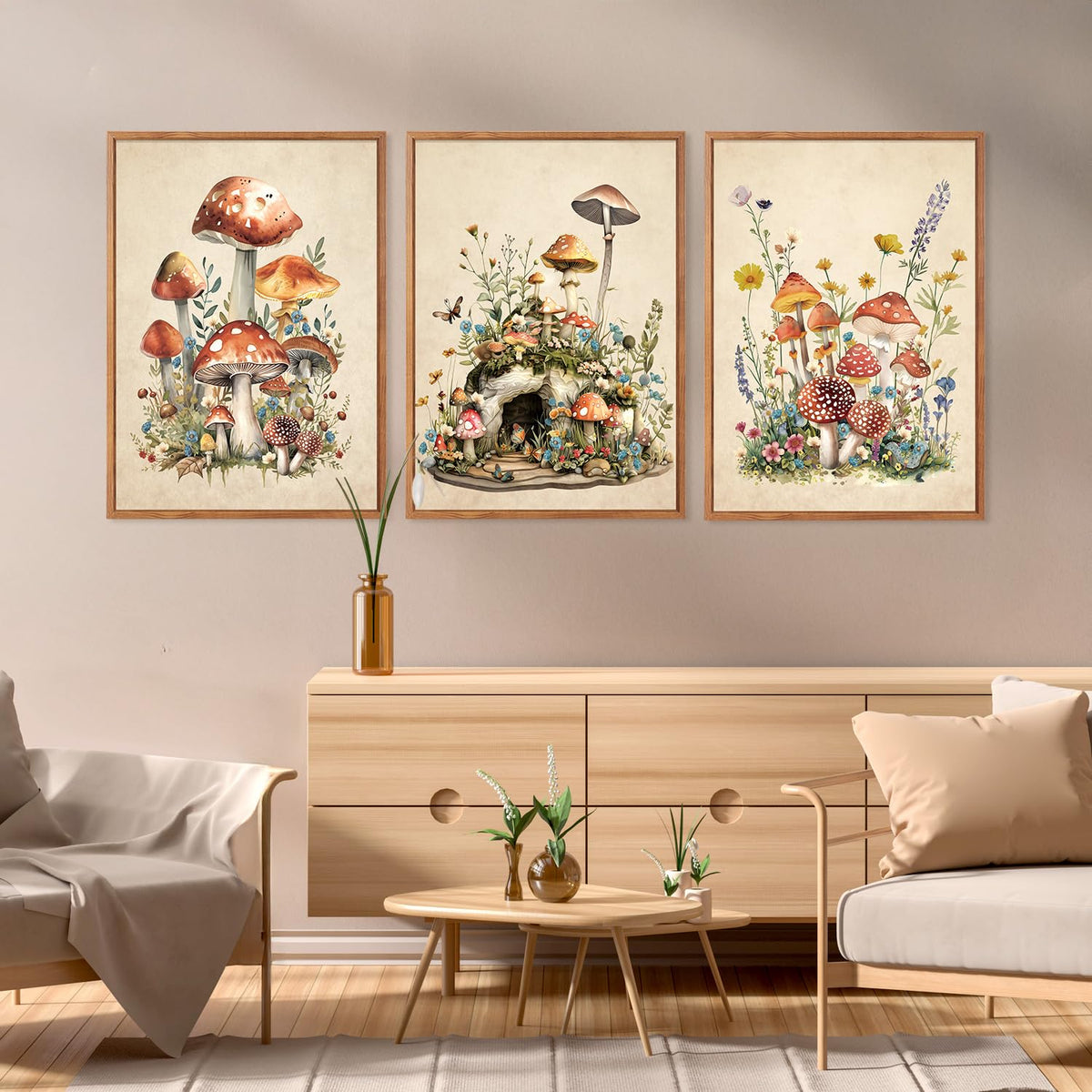 Vintage Mushroom Framed Canvas Wall Art Set Of 3 (Mushroom wall art)