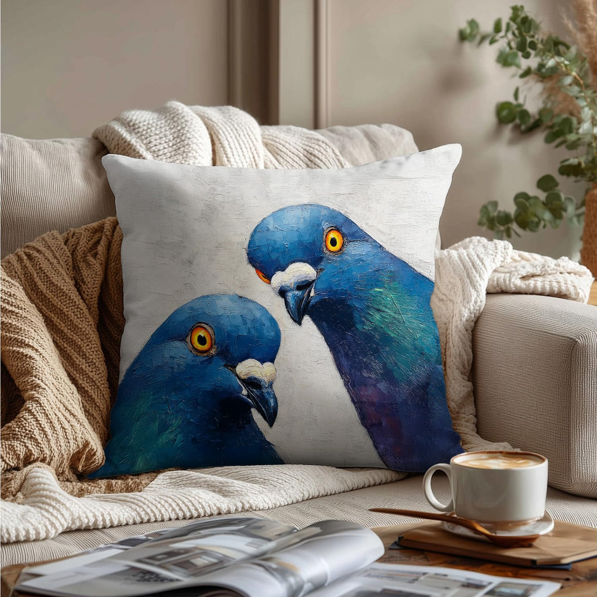 Funny Blue Pigeon Bird Pillow Cover 18x18 (White-bird 3)