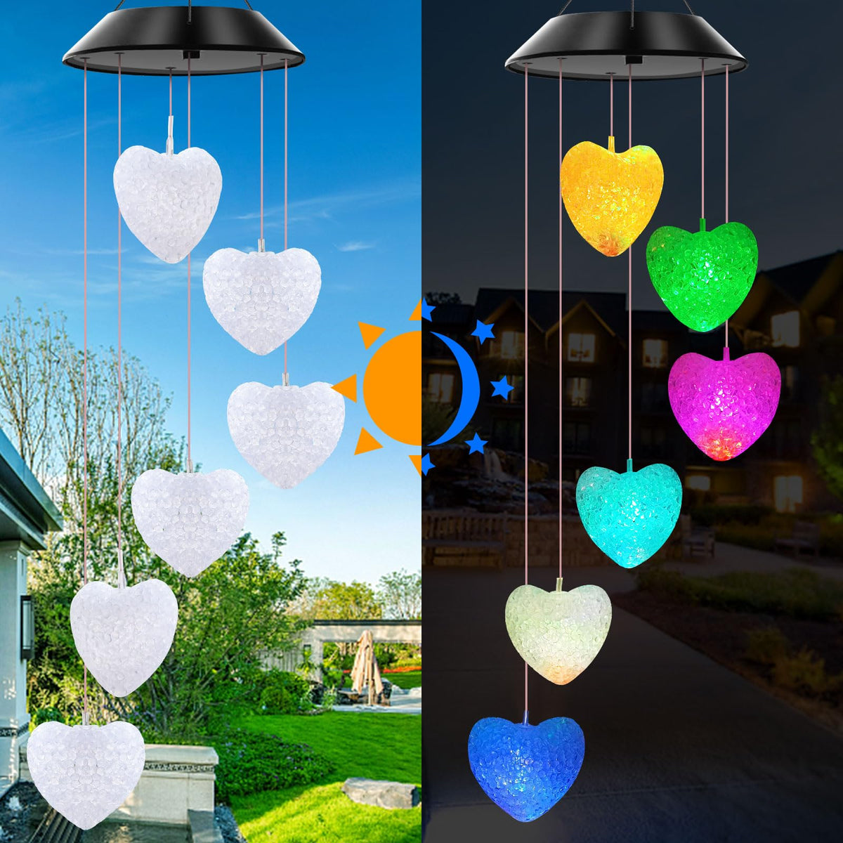 Solar Wind Chimes Heart Color Changing Lights Outdoor