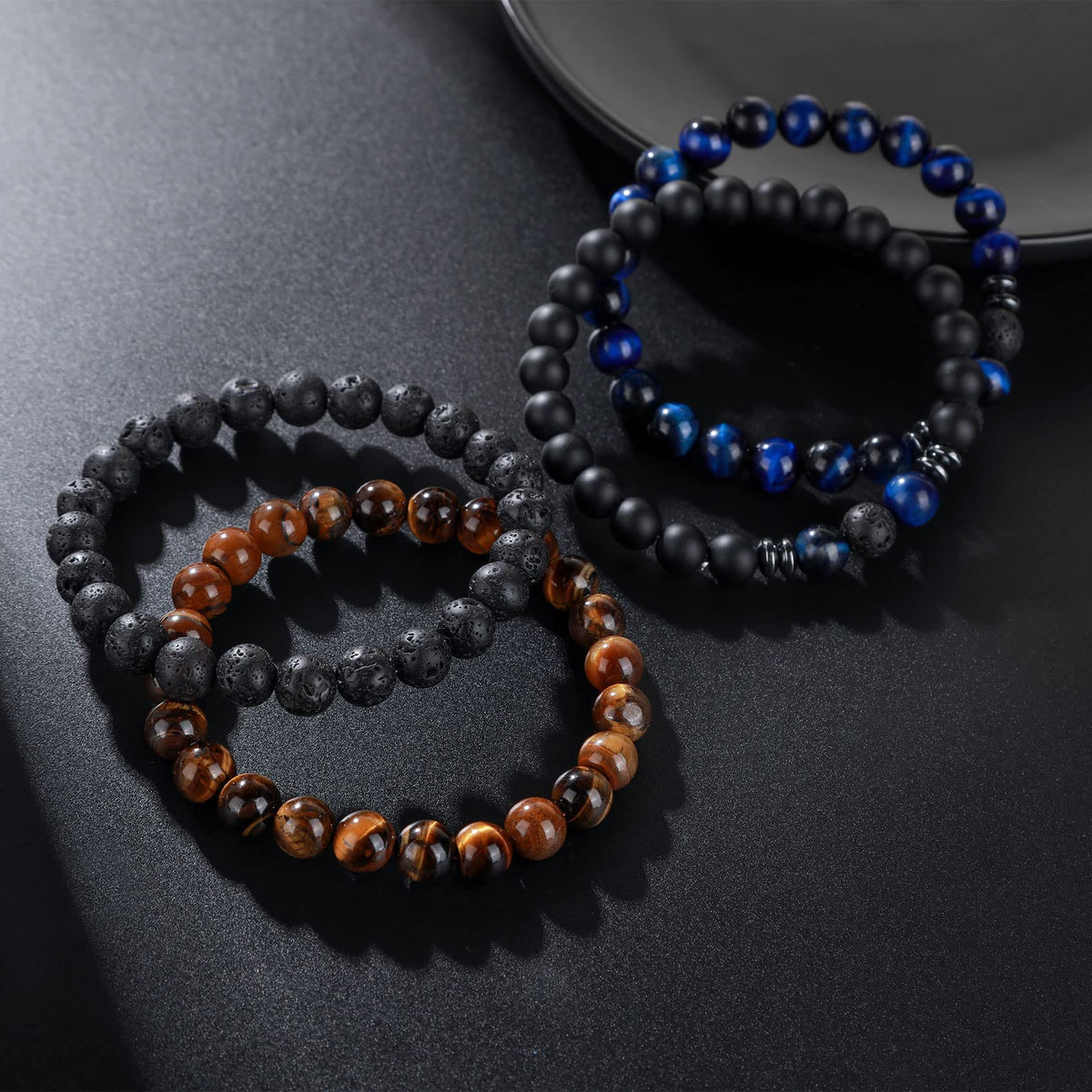 Tiger Eye Bracelet For Men 8MM Natural Stone Beads Bracelet Set Stretch Lava Rock Bracelets Adjustable Black Crystal Beaded Bracelet for Men Women Gifts (4,lava rock,tiger eye,blue,black)