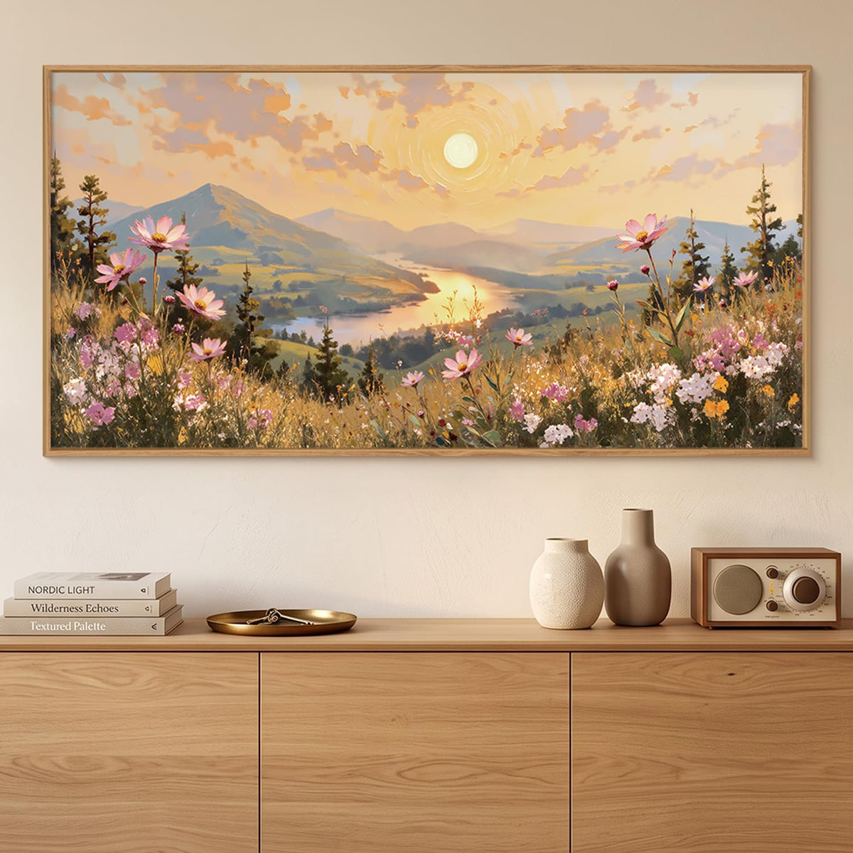 Large Boho Sunset Wildflower Framed Canvas Wall Art (Boho Sunset Wildflower Wall Art / 40"L x 20"W)