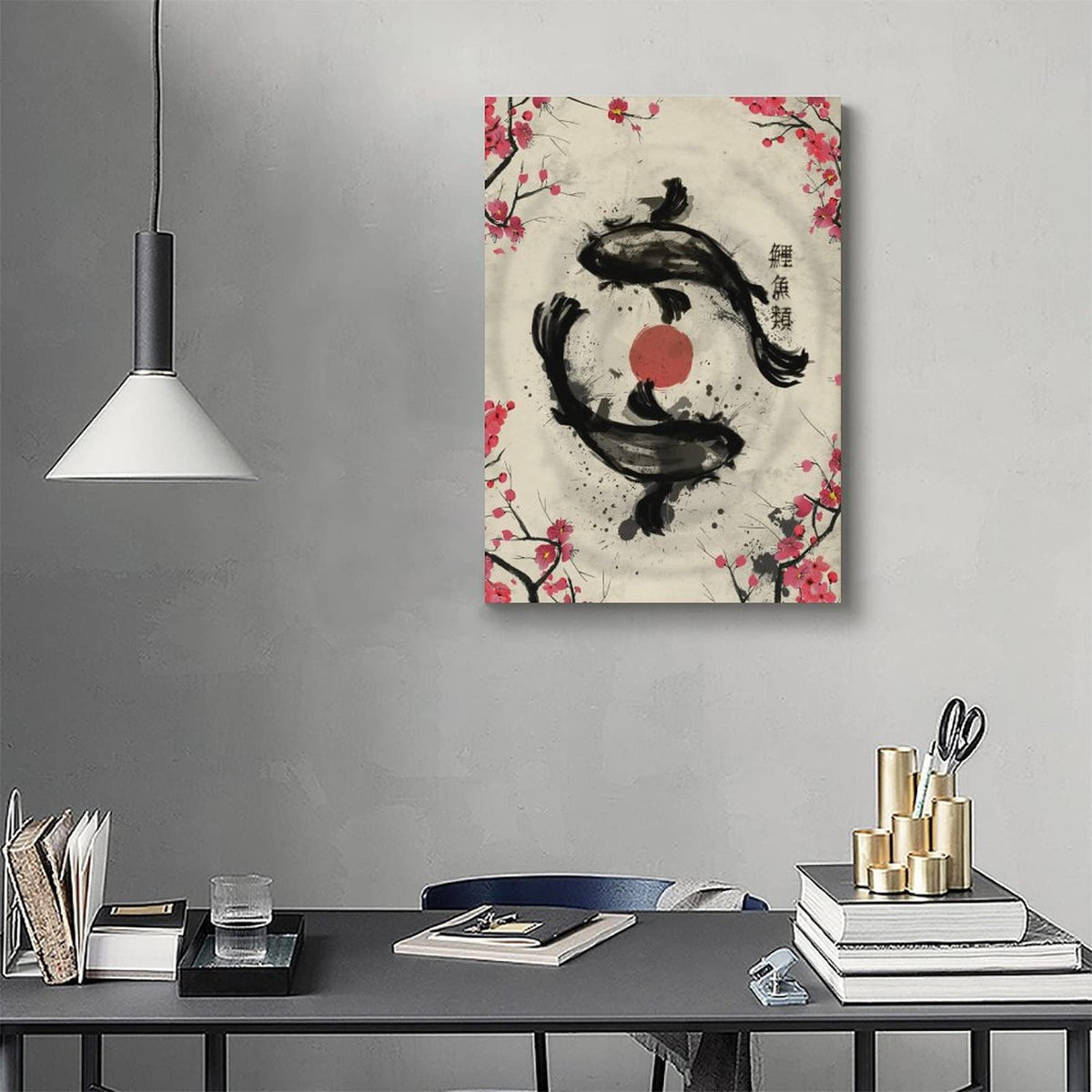 Japanese Retro Ink Painting Sakura Yin Yang Koi Fish Art Print Canvas Painting Home Decoration For Living Room Bedroom Unframed 16 x24 inches (24"L x 16"W / Unframe-12)