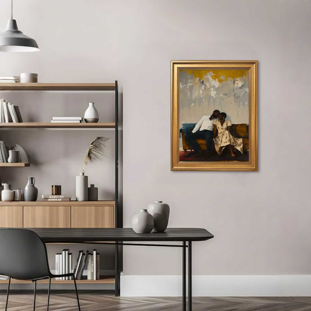 Gold Framed Black Couple Love Poster Prints Romantic African American Black Man & Woman Canvas Painting Wall Art Affectionate Romance Picture Anniversary Artwork for Bedroom Home Decor 20x30inch (20"L x 30"W / Black Lover)
