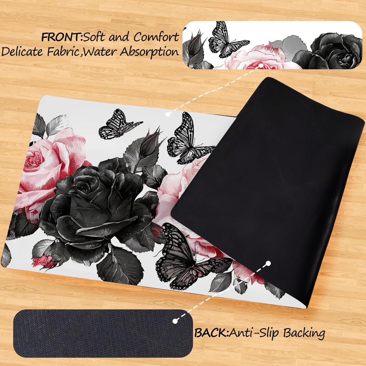 Pink and Black Rose Valentine's Day Laundry Room Rug 20x47 Inch (#54)