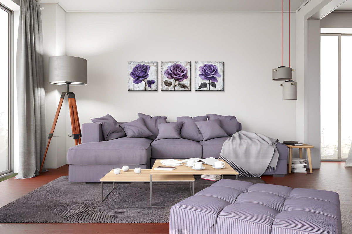 3Pcs Purple Rose Canvas Prints Wall Art Botanical Floral Art Modern Flower Artwork Ready to Hang Textured Wall Art Print Decorative Wall Hanging for Living Room Bedroom Kitchen (20 x 20 inches (3-Piece Set) / Purple Rose)