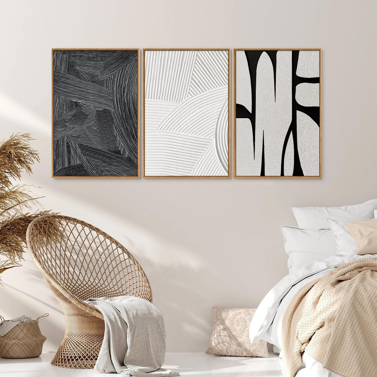 Black and White Framed Canvas Wall Art Set (Geometric Brushstroke / 36"L x 24"W)