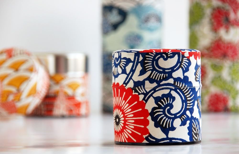 Japanese Pokkan Matcha Coffee Spice Tea Tin Canister Washi Paper Storage with Lid 7.05 oz Capacity (Modern Seigaiha, S)