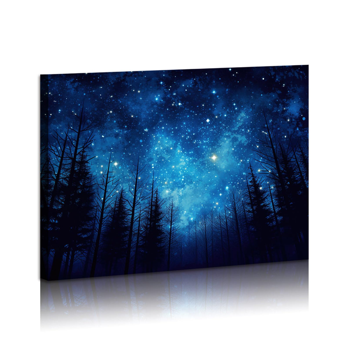 Blue Starry Night Forest Tree Silhouette Canvas Wall Art Nature Picture Prints for Bathroom Bedroom Living Room Kitchen Office Home Decoration Framed Ready to Hang 12" x 16" (16"L x 12"W / Forest 02)