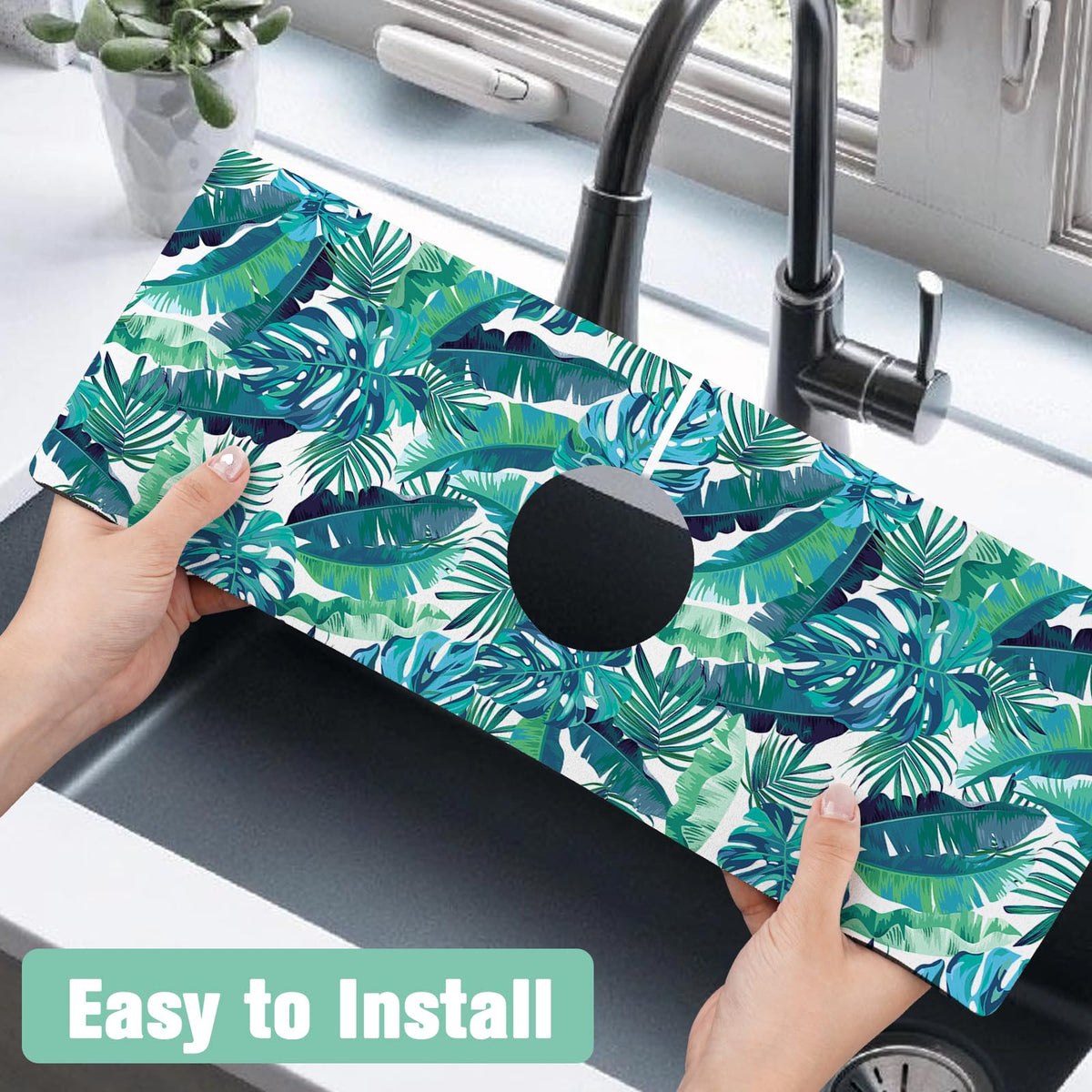 Kitchen Sink Splash Guard Faucet Mat 15" X 5.5" Tropical Leavesl Absorbent Fast Drying Mat Faucet Draining Mat Sink Splash Guard Behind Faucet Drip Catcher for Kitchen Bathroom (15*5.5in / Leaf)