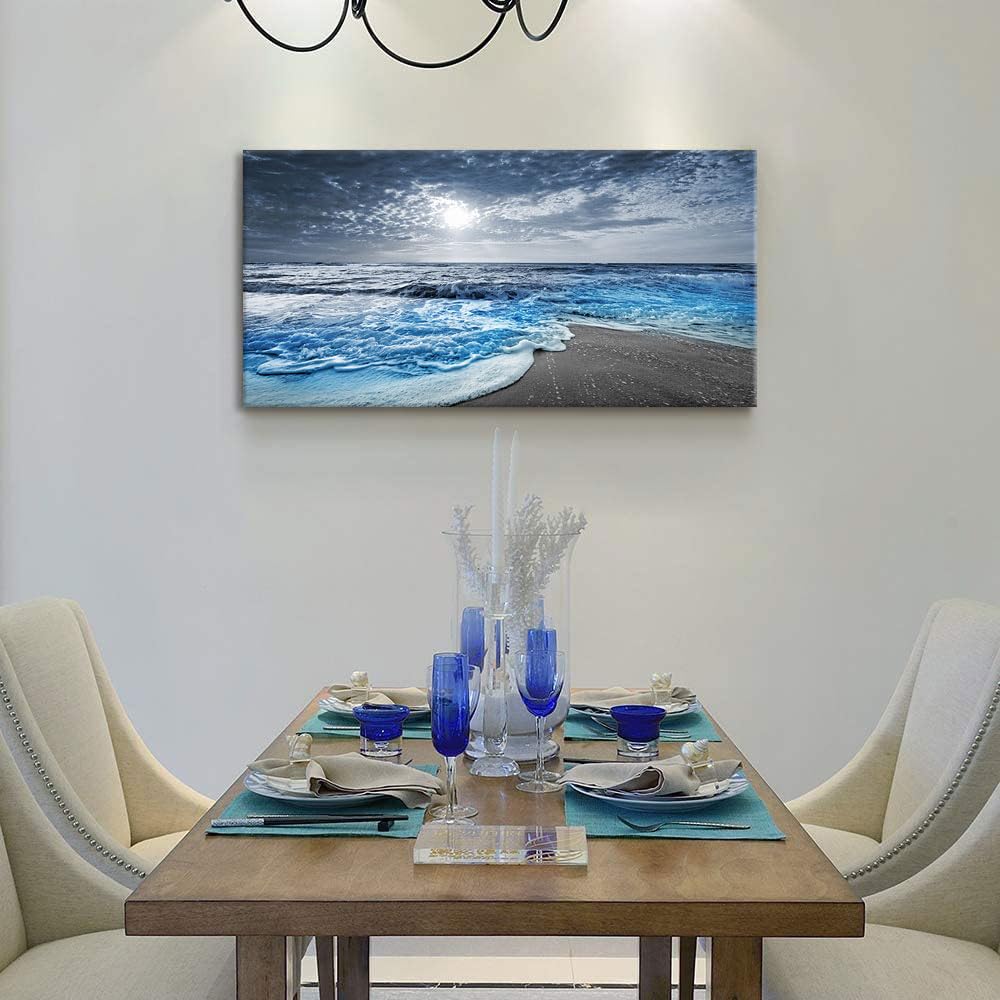 Canvas Wall Art for Bedroom Beach pictures for Living Room Wall Decor Blue Poster Ocean Decor Large Size Seascape Paintings Prints Office Artwork Framed Kitchen Decorations 24x48 (beach blue / 48"L x 24"W)