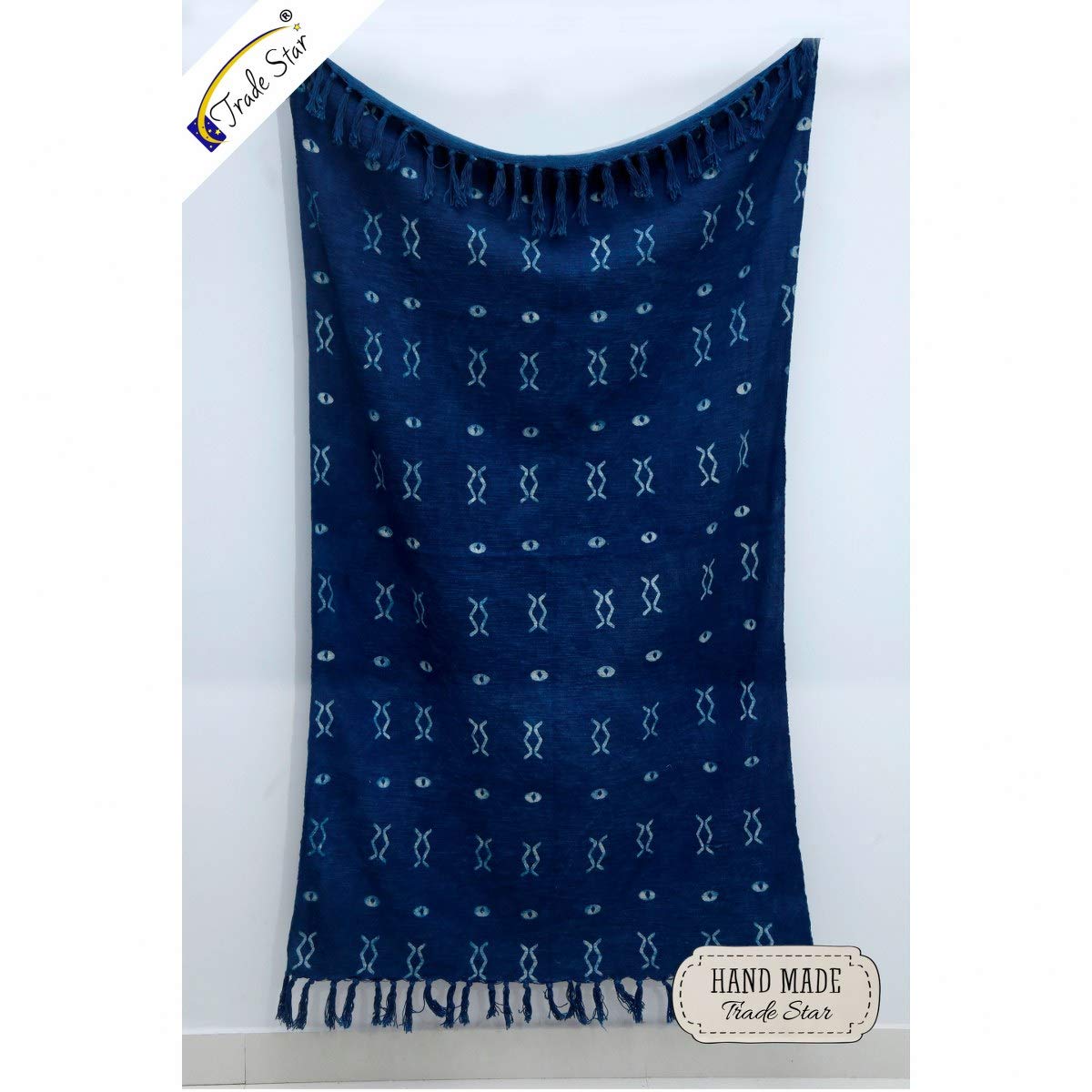 100% Cotton Throw Blanket Indigo Throw Blanket Handloomed Cotton Throw Mudcloth Designer with Tassels Handmade Premium Quality Home Decor (Indigo / Zen (120 x 170 Cms))