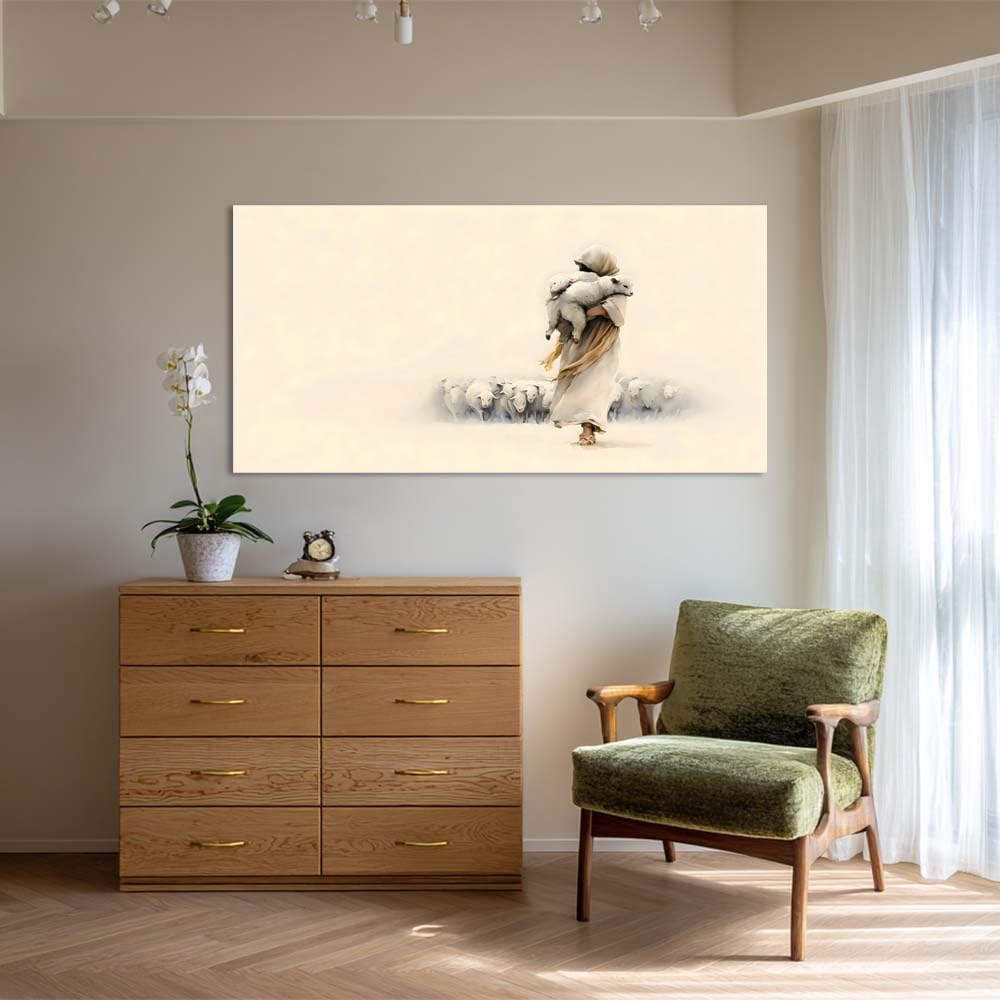 Good Shepherd Jesus Carrying Lamb Canvas Wall Art Christian Painting Flat Print Gallery Wrapped Minimalist Religious Artwork for Living Room Bedroom Bathroom Decor (Mysterious / White Shepherd Sheep 11 / 46"L x 23"W)