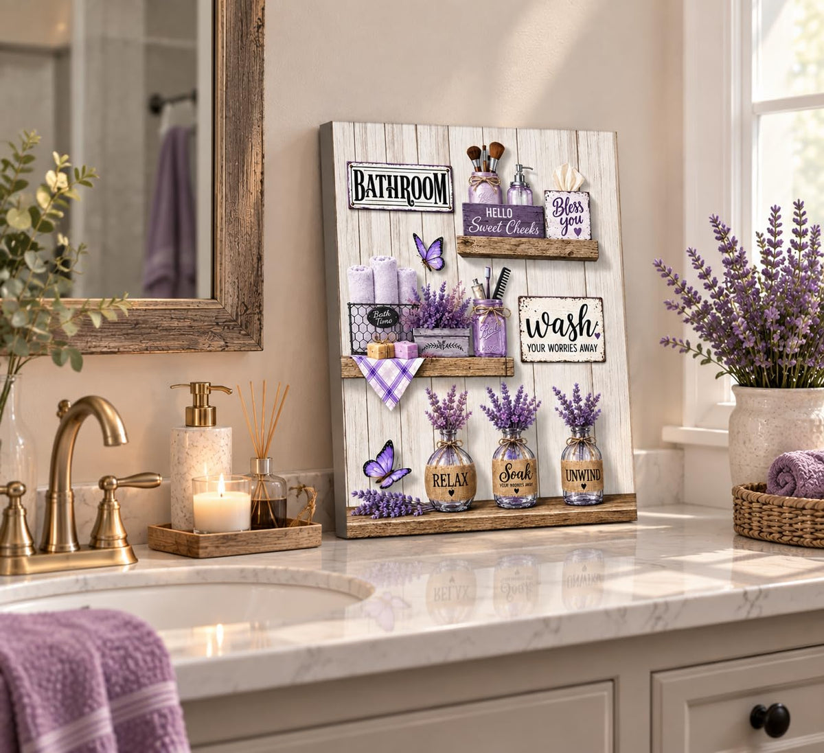 Purple Bathroom Canvas Wall Art 16x24Inches (Purple Canvas / 24"L x 16"W)