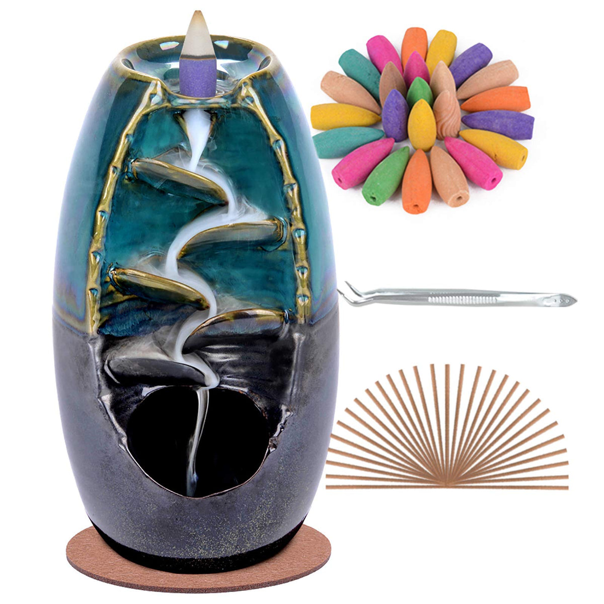 Ceramic Backflow Incense Holder Waterfall Incense Burner (Blue)