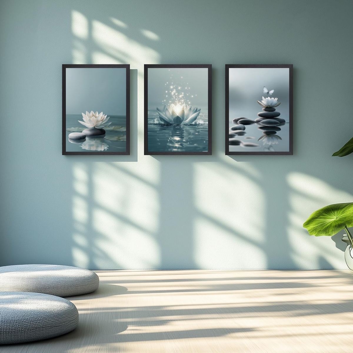 Wood Framed Lotus Flower Zen Stones Wall Art Set of 3 (Zen(Wood) / 16"L x 12"W)