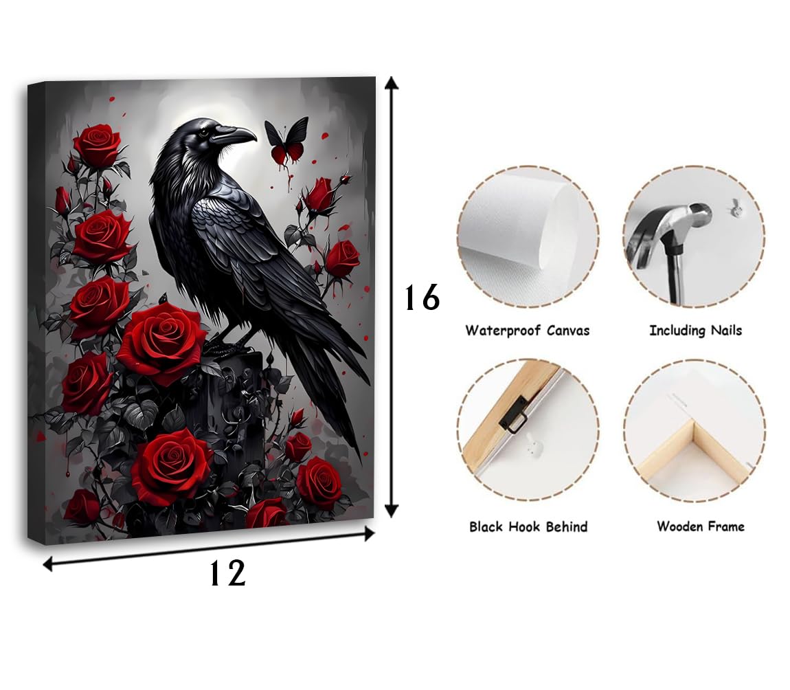 Framed Red Rose & Crow Wall Art 12x16 inch (Framed-Romantic Rose Floral Decor)