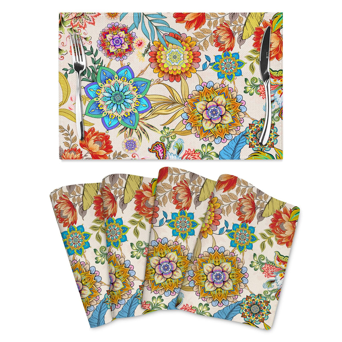 Boho Floral Placemats Set of 4 Linen 12"x18" Colorful Flowers Table Mats for Kitchen Dining Table Holiday Party Heat Resistant Washable Spring Summer Farmhouse Bohemian Mandala Place Mats (Boho Floral / 4pcs - 12x18inch)