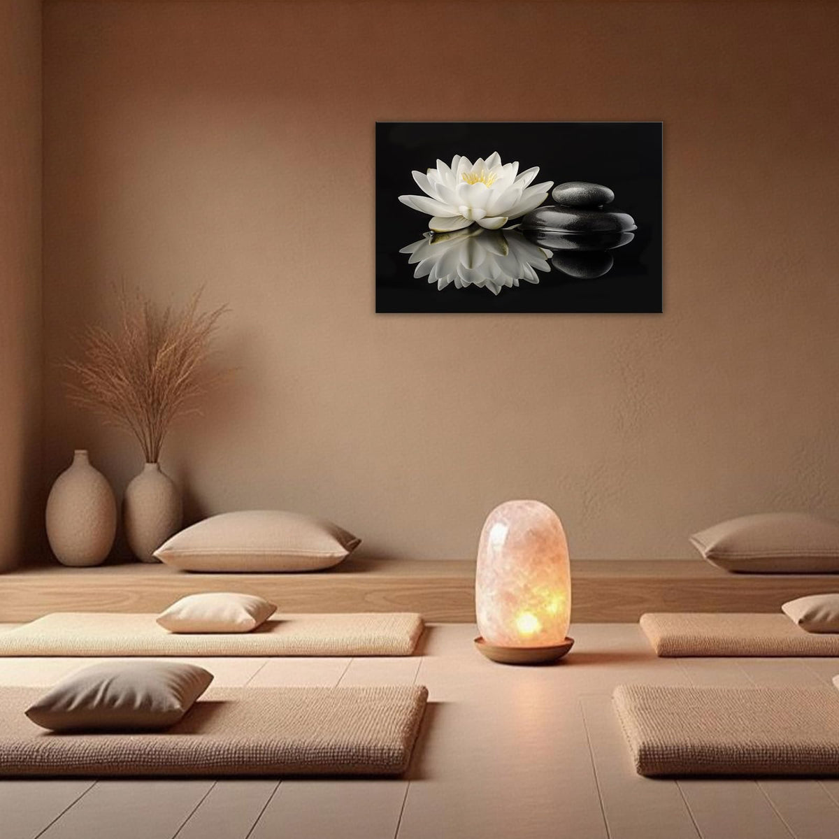 Zen Canvas Wall Art White Lotus With Black Spa Stone Poster Serene Still Life Painting Wall Decor for Yoga Rooms Bedrooms Meditation Spaces (Artwork 06 / 24"L x 16"W)