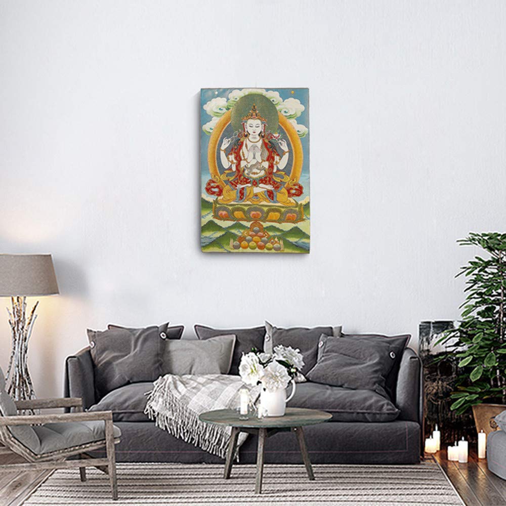 Silk Embroidery Tibetan Thangka with Four Arms Kwan Yin Avalokitesvara Wall Hanging for Home Décor Tapestry Meditation (KT037)