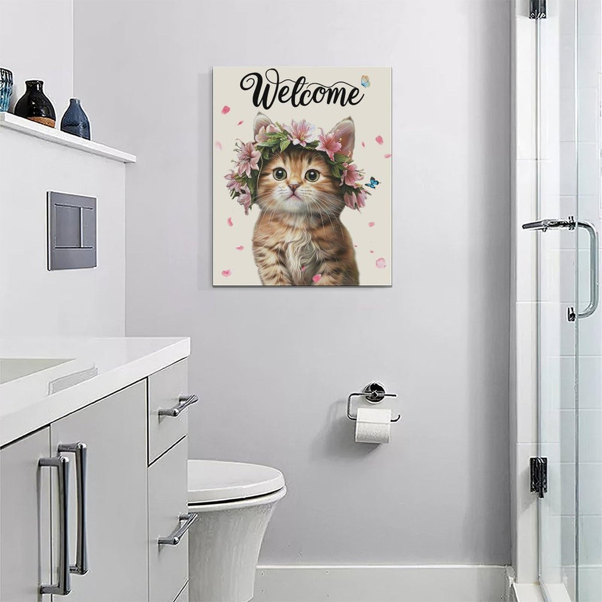 Cat Wall Art Welcome Cat Pictures Wall Decor Flower Canvas Painting Home Modern Artwork Decorations Framed for Bathroom Living Room Bedroom Office 16 x 20 inch (20L" x 16W" / Cat)