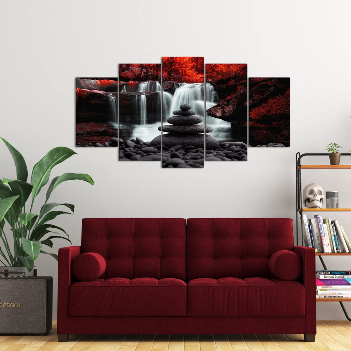 Black White and Red Waterfall Wall Art Zen Stones Landscape Artwork Red Trees Forest Canvas Falls Picture Prints Autumn Wall Decor for Living Room Framed (60"L x 32"W)
